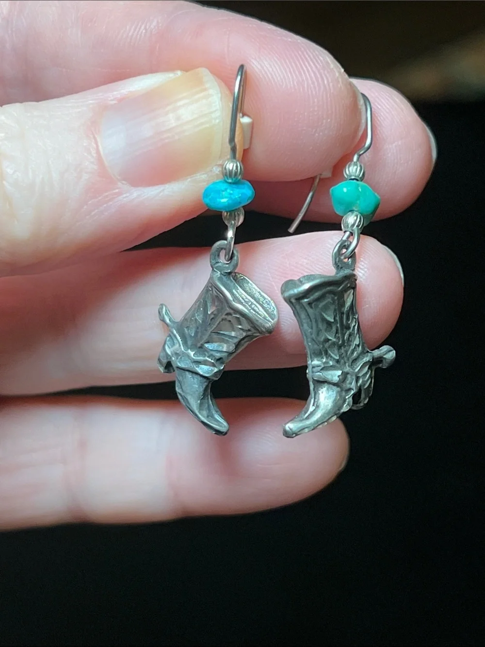 Vintage Southwestern Silver Turquoise Chip Cowboy Cowgirl Boot Dangle Earrings